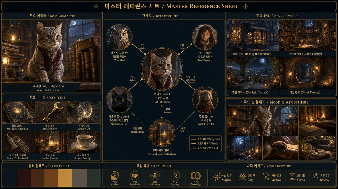 Master Sheet 스킬이 만든 마스터 레퍼런스 시트 — 고양이 사서 루나의 캐릭터·관계도·장소·팔레트