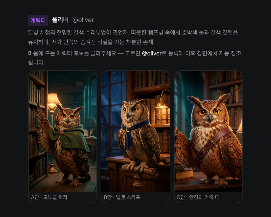 올리버 캐스팅 실화면 — 콘셉트 3안 중 A안 선택, @oliver 등록됨
